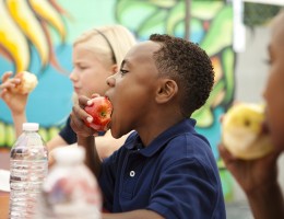 young students eating lunch, one student eating an apple