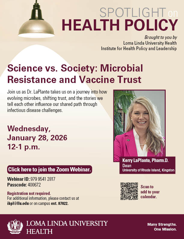Flyer for the Science vs. Society: Microbial Resistance and Vaccine Trust webinar Wednesday January 28, 2026 12-1pm