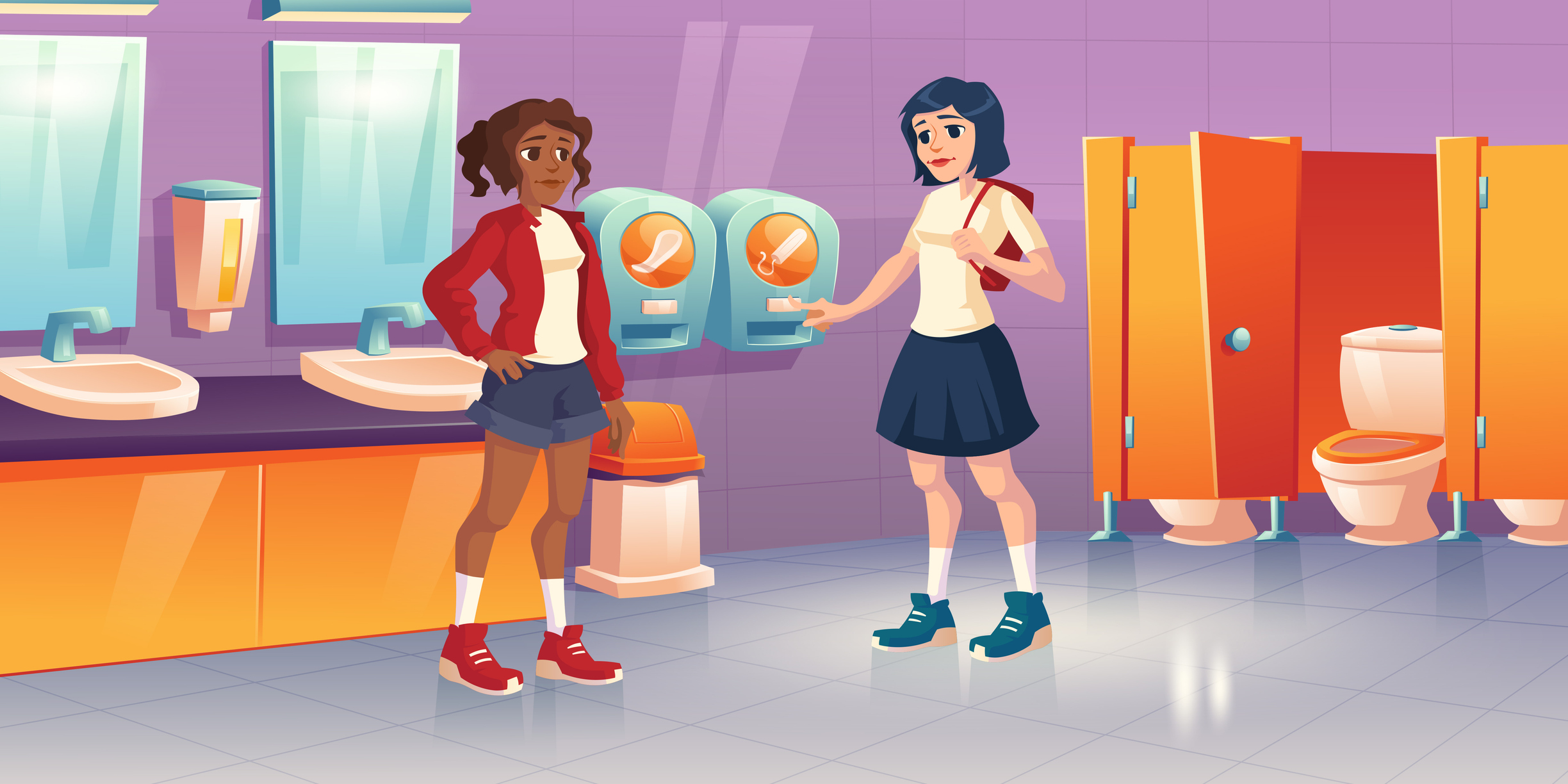 Girls in public restroom with tampon vending machine stock illustration