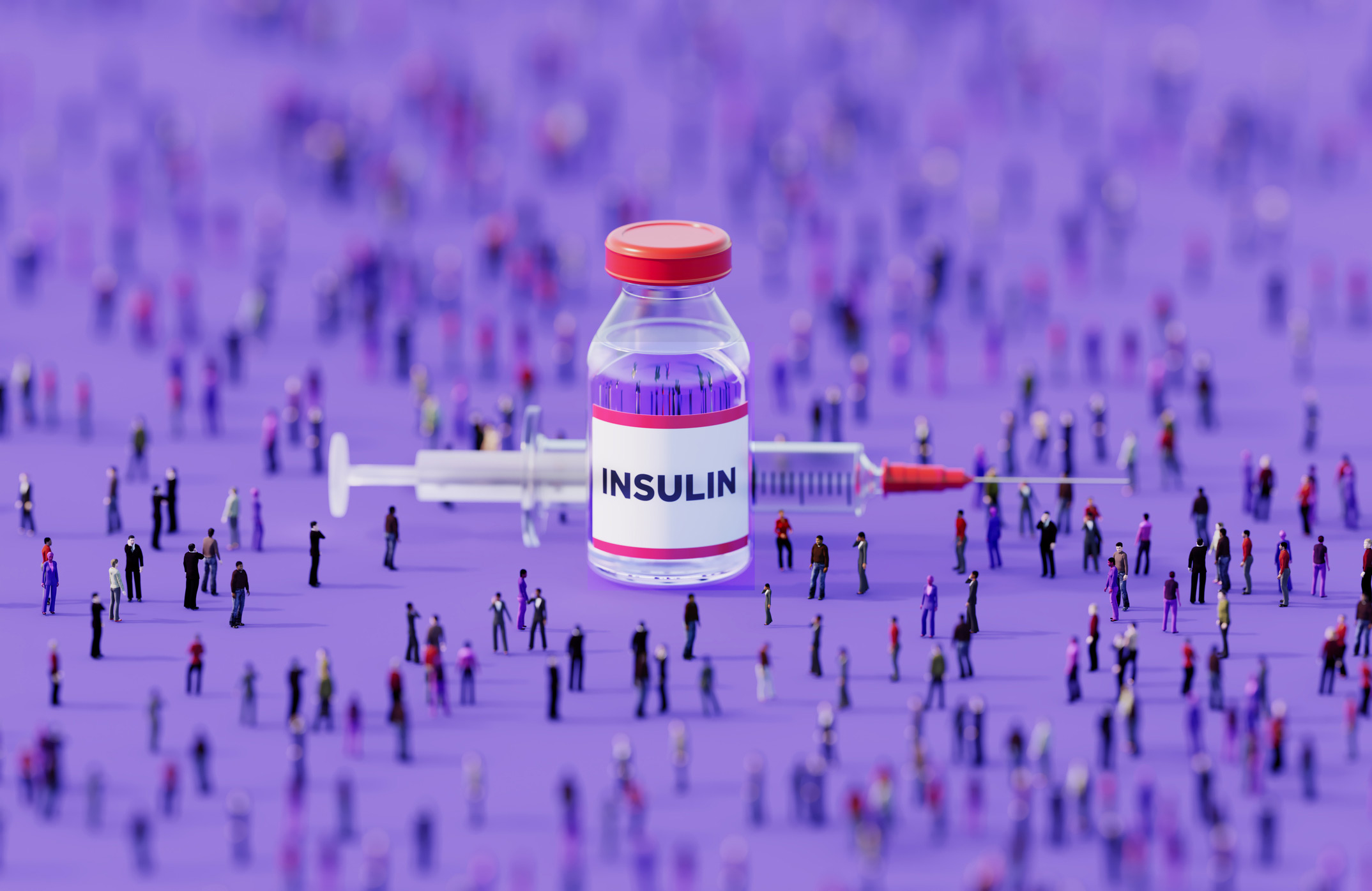  Human Crowd Surrounding An Injectable Insulin Bottle On Purple Background 