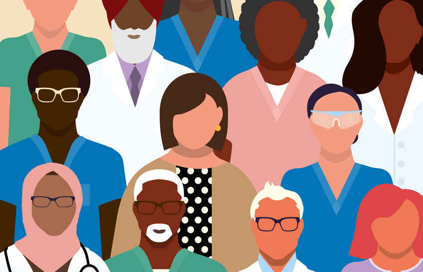 Crowd of diverse medical team professionals doctors and nurses both men and women vibrant colors - vector illustration