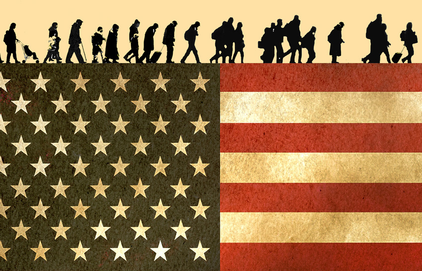 silhouette of refugees walking with the US flag