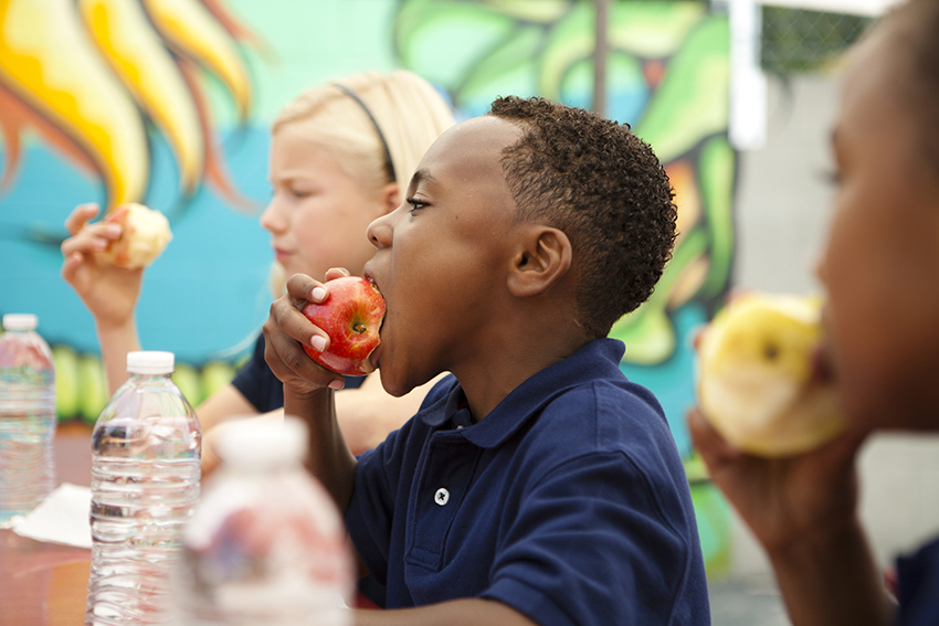 young students eating lunch, one student eating an apple