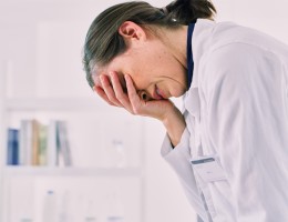 doctor leaning over with hand on face seeming stressed