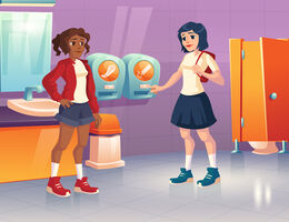 Girls in public restroom with tampon vending machine stock illustration