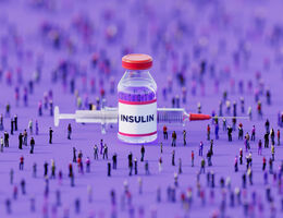  Human Crowd Surrounding An Injectable Insulin Bottle On Purple Background 