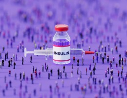  Human Crowd Surrounding An Injectable Insulin Bottle On Purple Background 