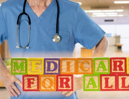 Doc in front of blocks saying "Medicare for All"