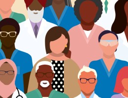 Crowd of diverse medical team professionals doctors and nurses both men and women vibrant colors - vector illustration