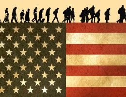 silhouette of refugees walking with the US flag